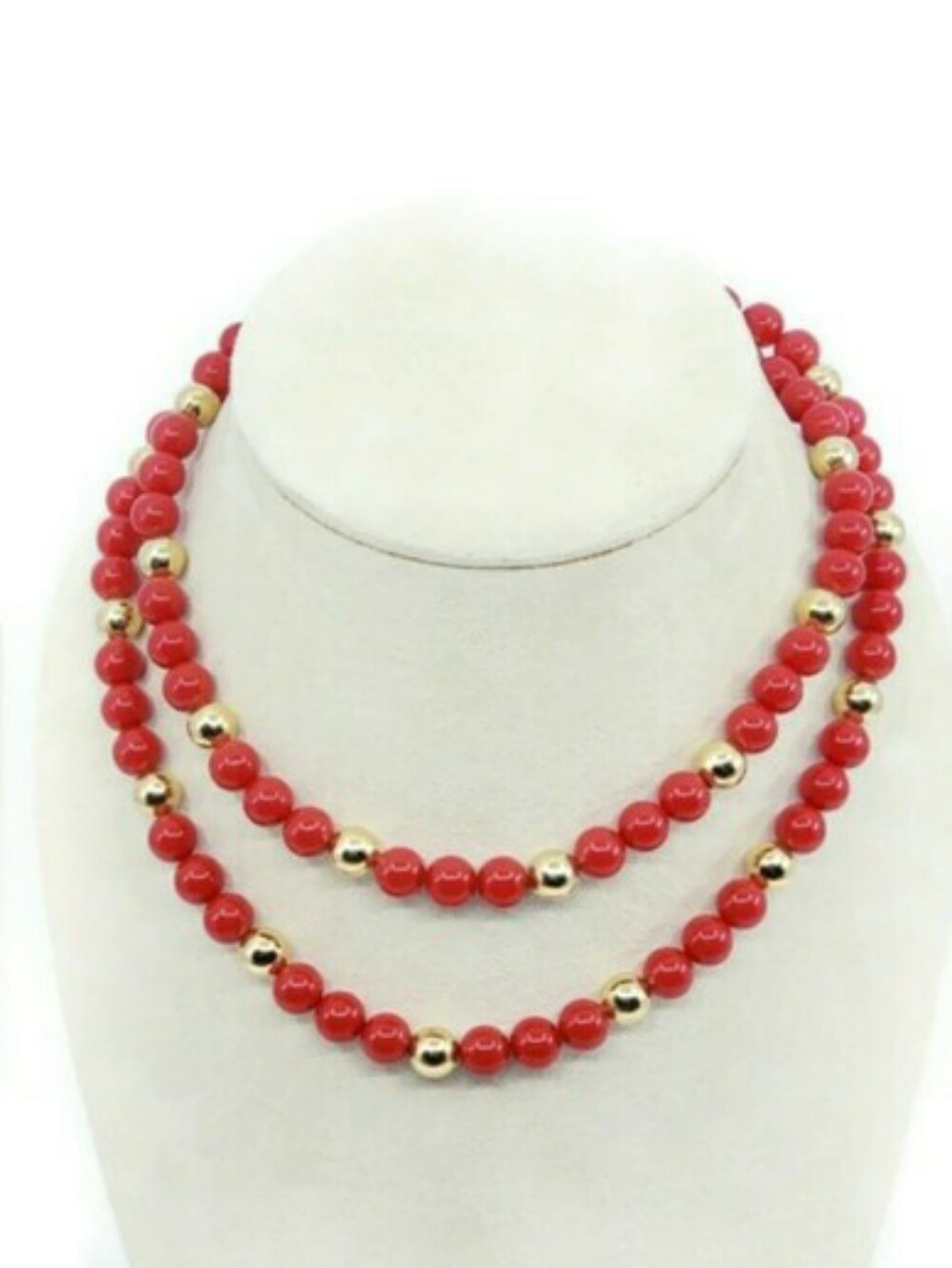 A2001 Vint 90s Red Napier Acrylic Necklace with Gold Accent Beads 14" Long